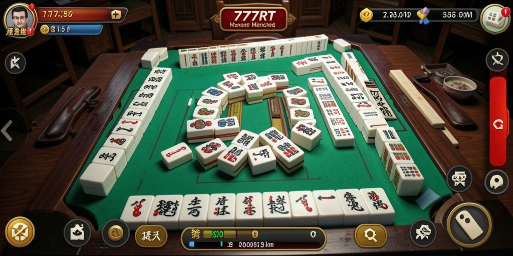 Tampilan utama gameplay 777RT dengan ubin Mahjong berwarna-warni.